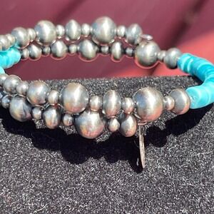 Navajo Made Turquoise and Sterling Silver Pearls Strung on Memory Wire 5-8"